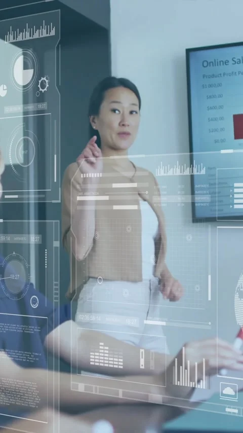 Business data analytics animation over diverse team in meeting room Stock Footage 341956829