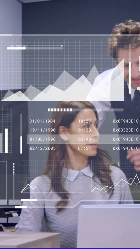 Business data analytics animation over diverse colleagues discussing work in Stock Footage 341977040