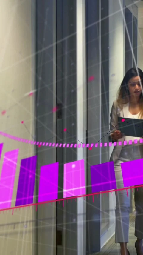 Business data analytics animation over colleagues walking in office hallway Stock Footage 342010584
