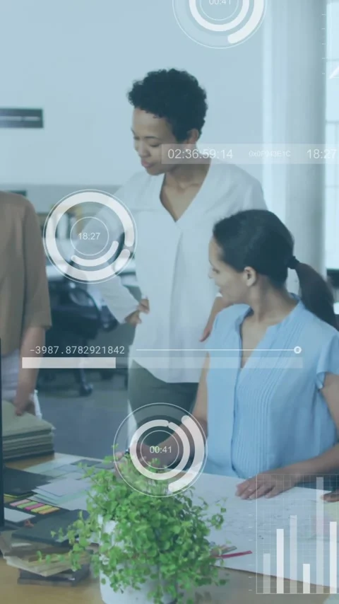 Business data analytics animation over diverse team collaborating in modern Stock Footage 342915997