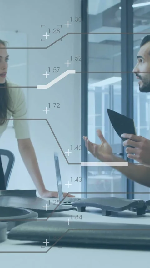 Business data analytics animation over diverse team discussing in modern office Stock Footage 342916000
