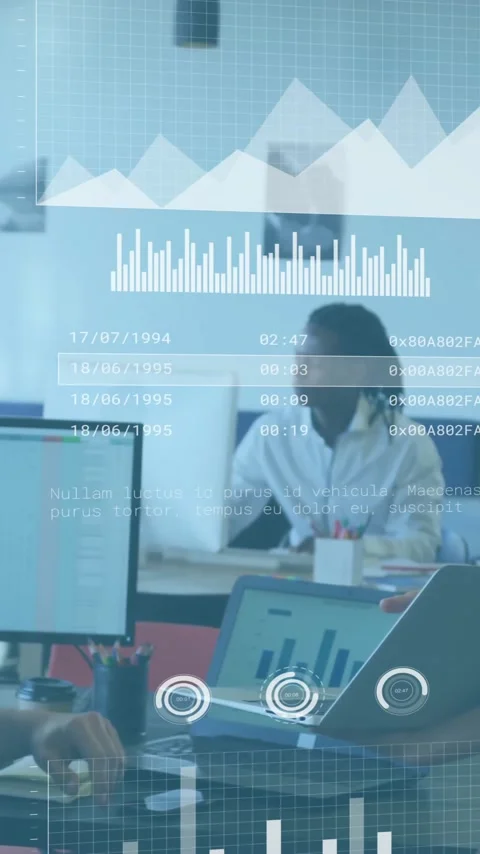 Business data analytics animation over coworkers collaborating in modern office Stock Footage 342916110