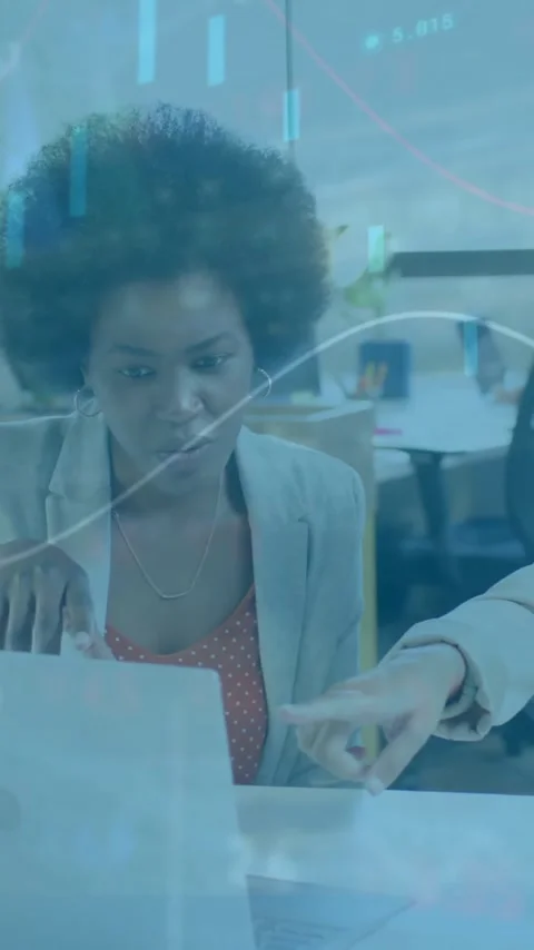 Business data analytics animation over colleagues discussing work in modern Stock Footage 342954337