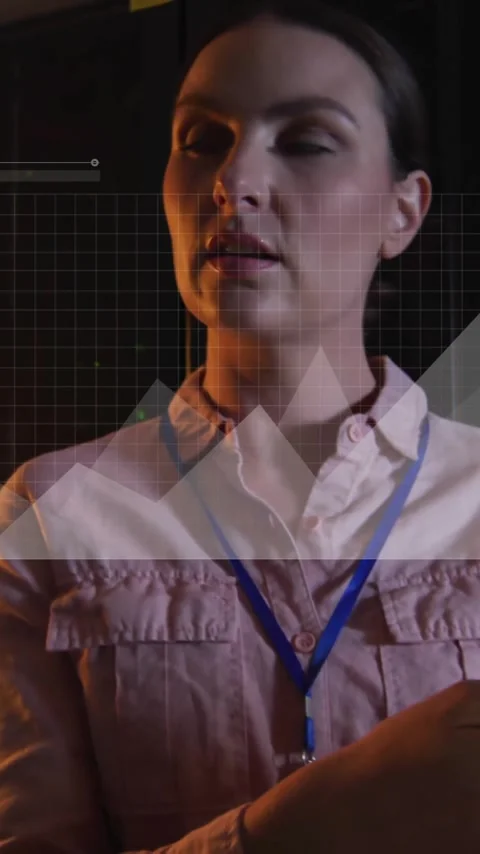 Business data analytics animation over professionals discussing in server room Stock Footage 342954391