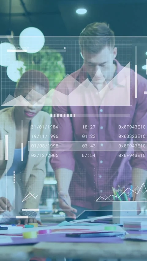 Business data analytics animation over diverse team collaborating in modern Stock Footage 342997405