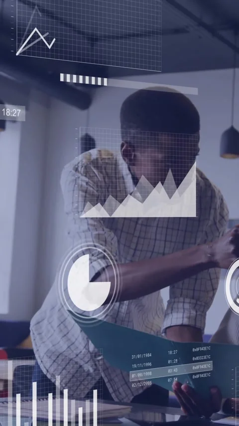 Business data analytics animation over colleagues collaborating in modern office Stock Footage 344706721