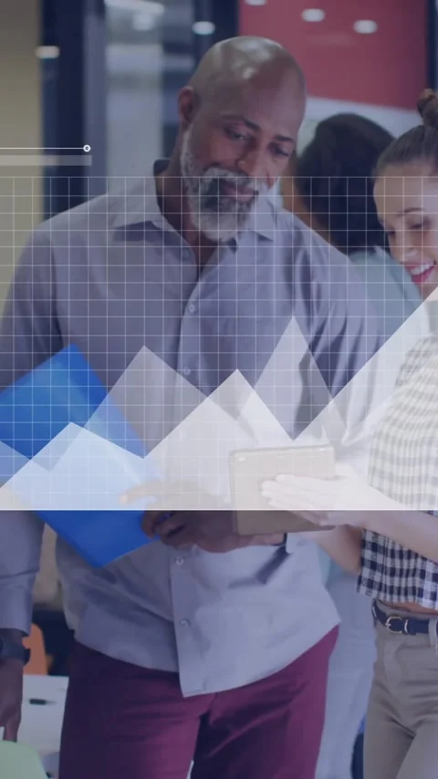 Business data analytics animation over diverse colleagues discussing documents Stock Footage 344783934