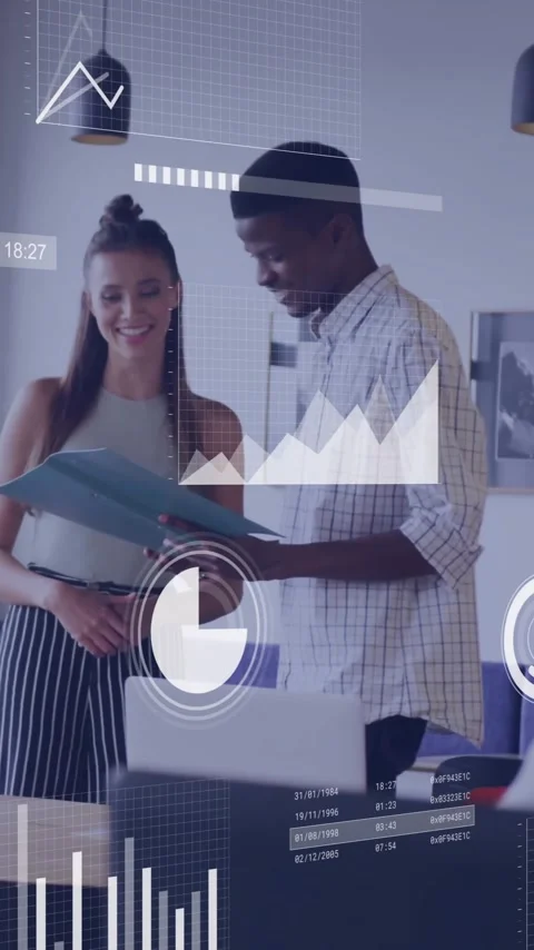 Business data analytics animation over colleagues discussing documents in modern Stock Footage 344783941