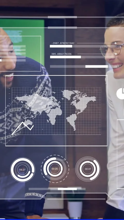 Business data analytics animation over diverse colleagues collaborating in Stock Footage 344783964