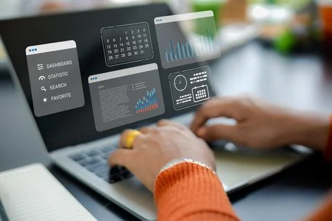 Business data analytics dashboard on laptop screen.Digital marketing strate.. Stock Photos