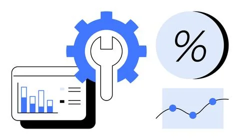 Business data analytics with gear and wrench for tools, percentage icon, an.. Illustrazione stock