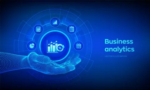 Business data analytics icon in robotic hand. Robotic process automation conc Illustrazione stock