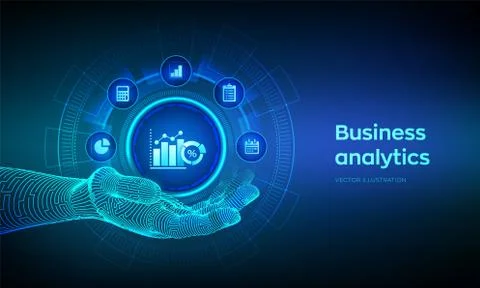 Business data analytics icon in robotic hand. Robotic process automation conc Illustrazione stock