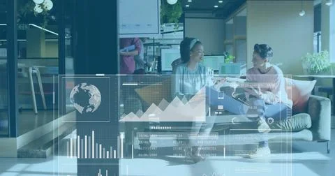 Business data analytics image over two women discussing in modern office Stock Photos