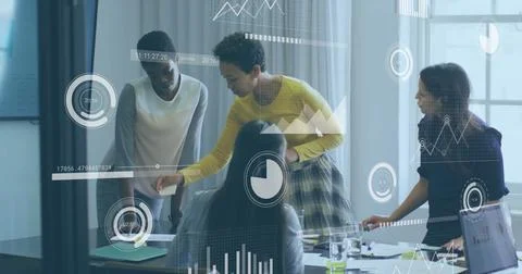 Business data analytics image over diverse team collaborating in office Stock Photos