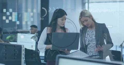 Business data analytics image over diverse colleagues discussing work in modern Stock Photos