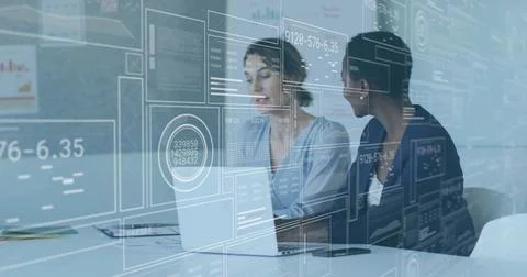 Business data analytics image over two women discussing in office Stock Photos