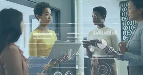 Business data analytics image over diverse professionals discussing in office Stock Photos