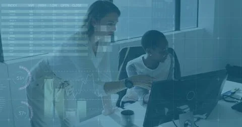 Business data analytics image over colleagues discussing work at office desk Stock Photos