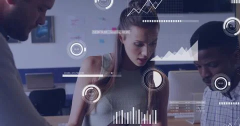 Business data analytics image over diverse colleagues discussing in office Stock Photos