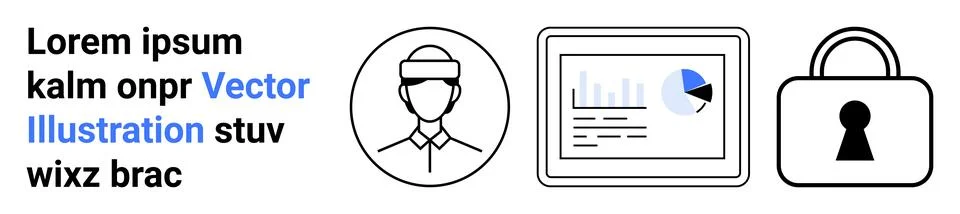 Business data analytics on screen, profile avatar icon, and security padlock. Stock Illustration