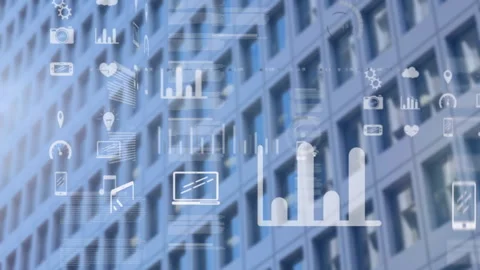 Business data and analytics animation over office building windows Stock Footage 305431577