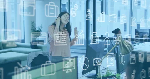 Business data and analytics animation over woman enjoying music in office Stock Footage 306564532