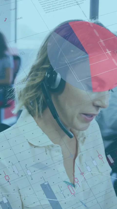 Business data and analytics animation over woman working in office with headset Stock Footage 341927907