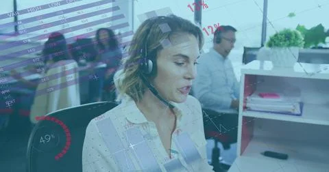 Business data and analytics image over woman working in office with headset 스톡 사진