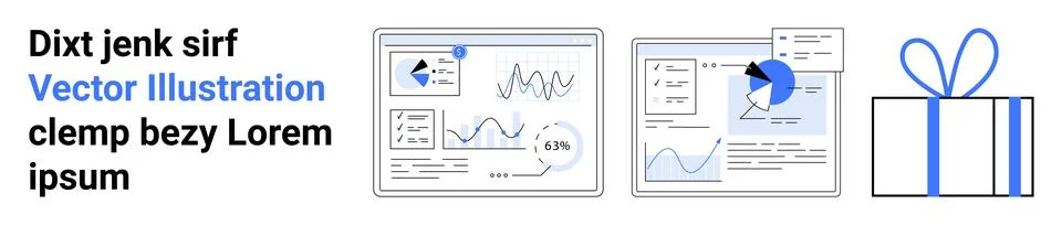 Business data and analytics on two monitors with charts and graphs, next to a Stock Illustration