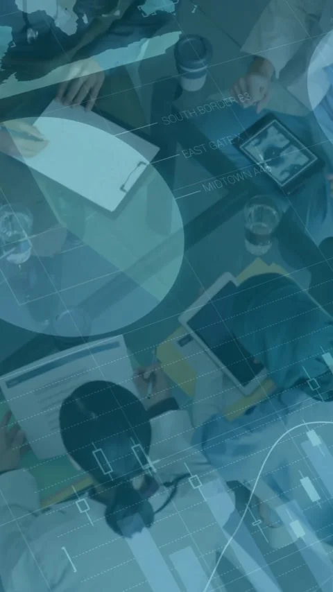 Business data and graphs animation over diverse professionals working in office Stock Footage 320034886