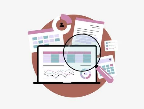 Business data audit with analytics dashboard for KPI tracking and compliance Stock Illustration