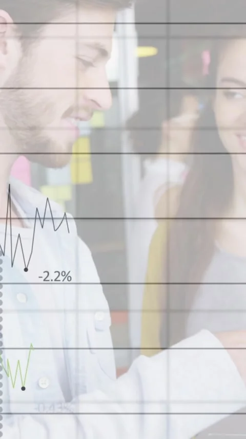 Business data chart animation over colleagues discussing work on laptop Stock Footage 341927904