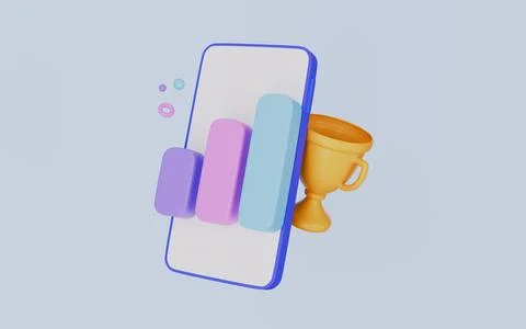 Business data chart bar elements with trophy cup, Prize with smartphone conce Illustrazione stock