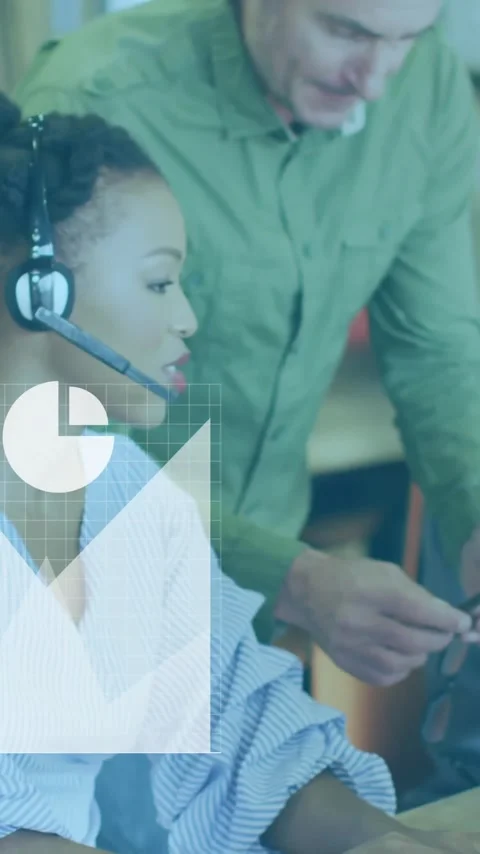 Business data charts and graphs animation over diverse colleagues working in Stock Footage 342954476