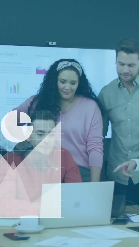 Business data charts animation over diverse team collaborating in office Stock Footage 320093765