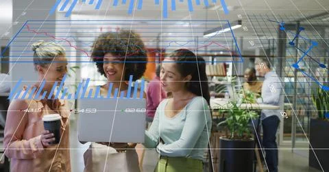 Business data charts image over diverse colleagues discussing in modern office 写真素材