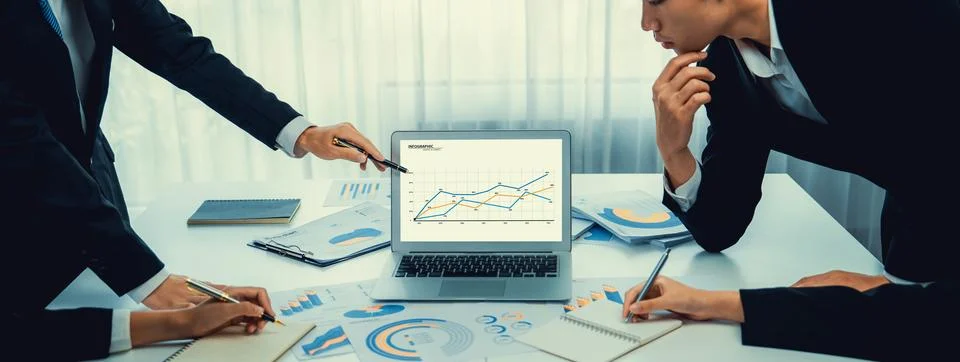 Business data dashboard analysis by computer software investment oratory Stock Photos