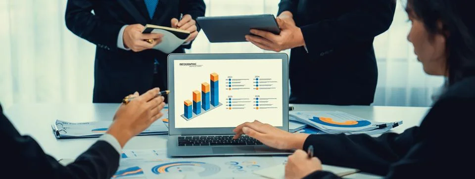 Business data dashboard analysis by computer software investment oratory Stock Photos
