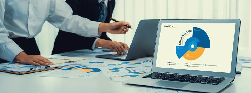 Business data dashboard analysis by computer software investment oratory Stock Photos