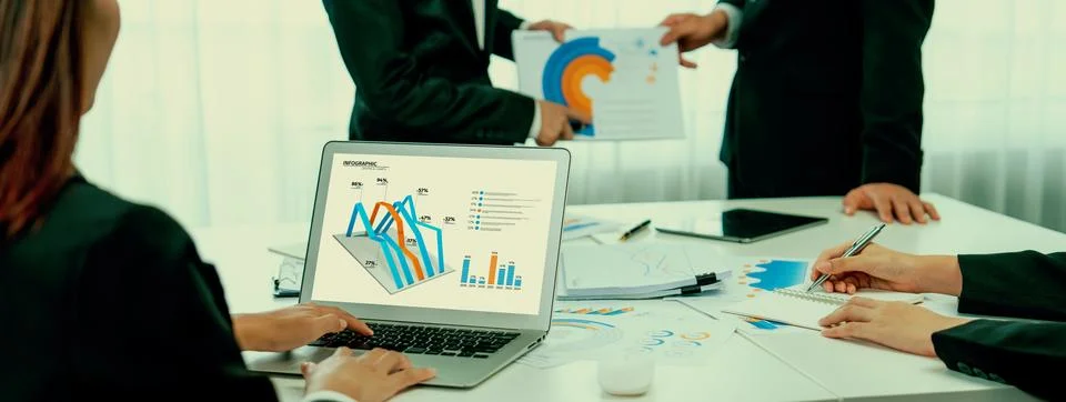 Business data dashboard analysis by computer software investment oratory Stock Photos