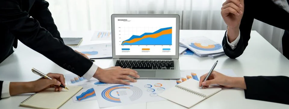 Business data dashboard analysis by computer software investment oratory Stock Photos