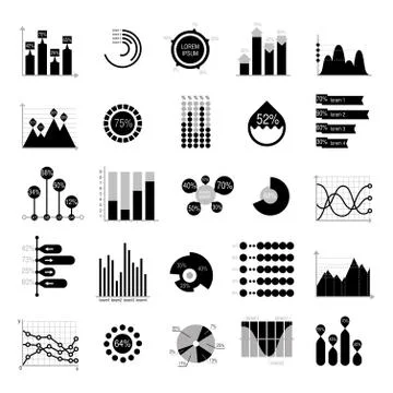Business data graph analytics vector elements black silhouette Illustrazione stock
