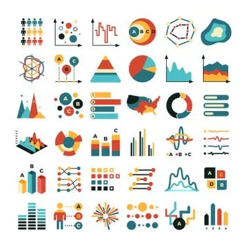 Business data graph and charts. Marketing statistics vector flat icons Stock Illustration