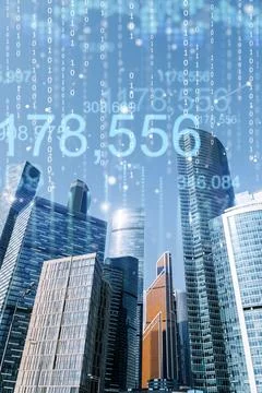 Business data graphs and analytics on the background of business city Foto stock