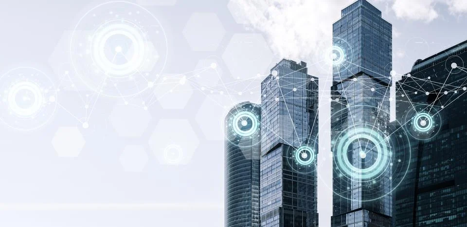 Business data graphs and analytics on the background of business city Stock Photos