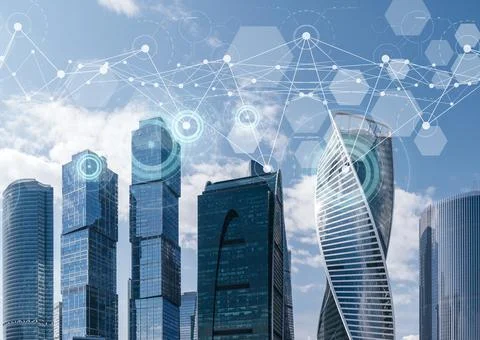 Business data graphs and analytics on the background of business city Foto stock