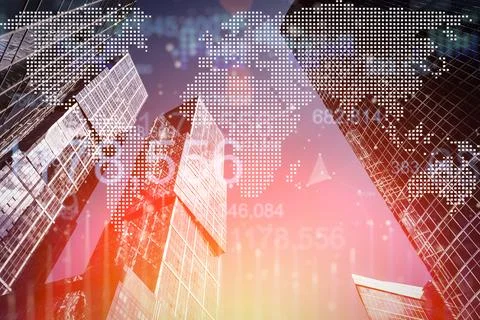 Business data graphs and analytics on the background of business city Foto stock