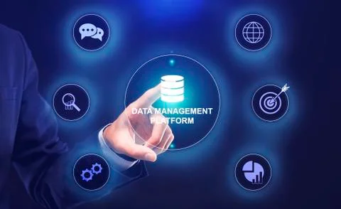 Business Data Management System. Collage Of Businessman Clicking Virtual Screen Foto stock