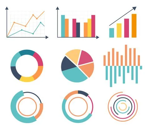 Business data market elements dot bar pie charts diagrams and graphs flat ico Illustrazione stock